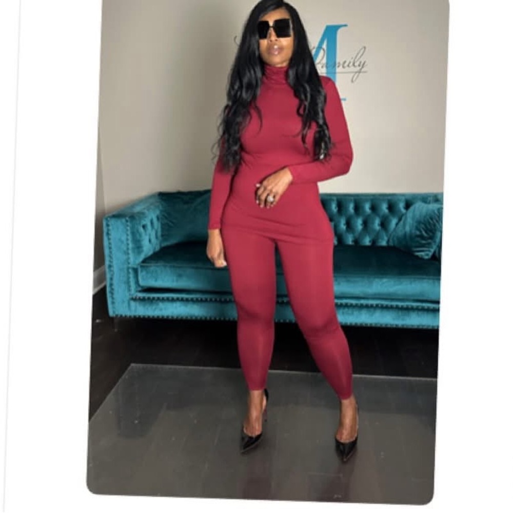 Turtleneck Ribbed Two-Piece Pants Set - Wine